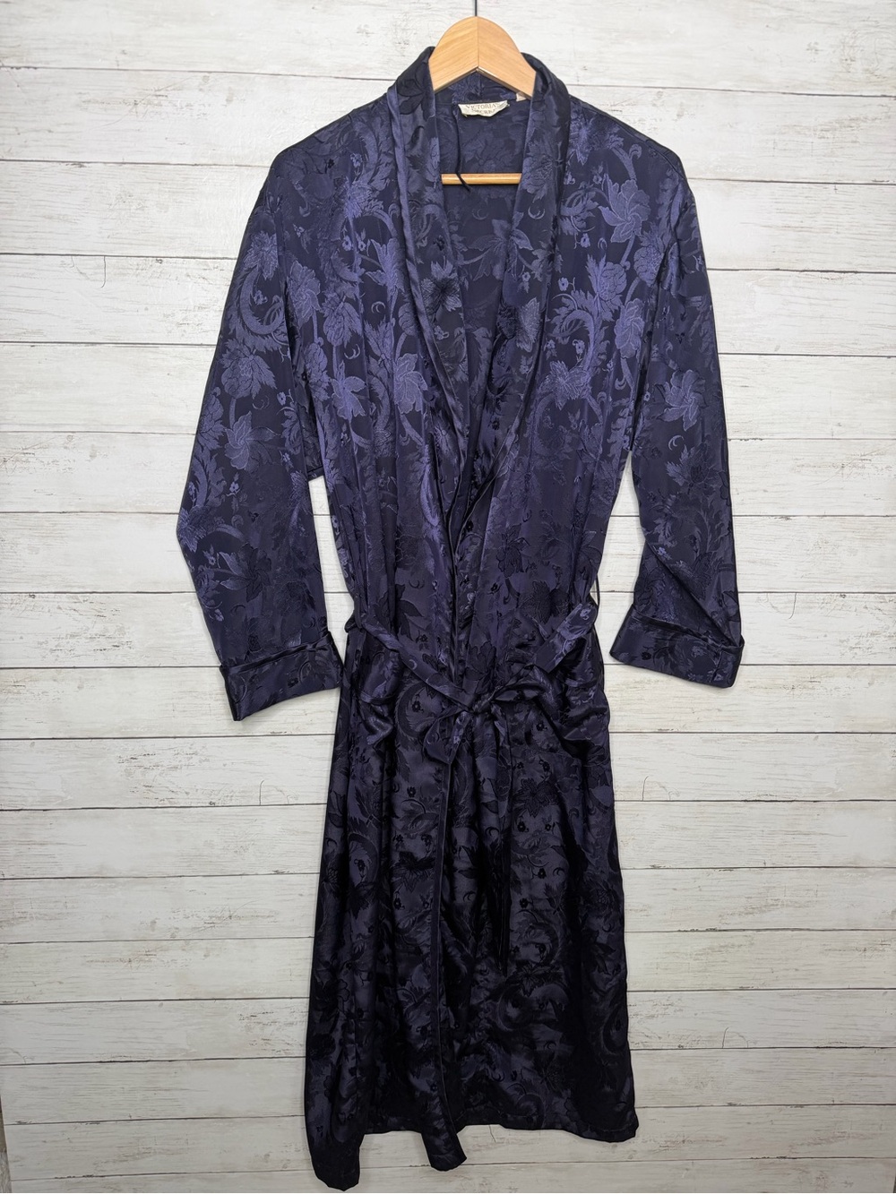 Vintage Victoria’s Secret Gold Label Navy Floral Jacquard Satin Robe Small